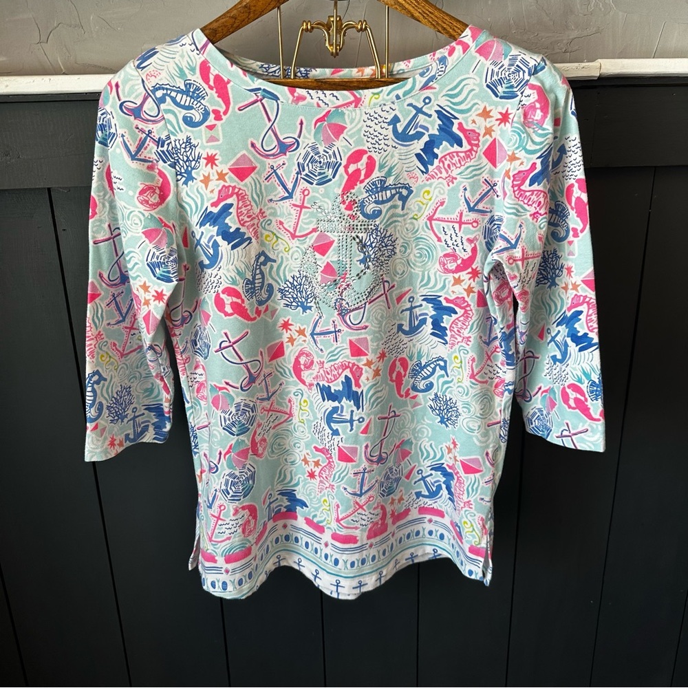 Palm‎ Harbour Colorful Nautical Pink Green Blue 3/4 Sleeve Top size M